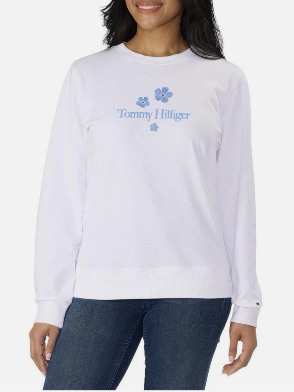 Tommy Hilfiger Women’s White Crewneck Sweatshirt with Blue Floral Logo